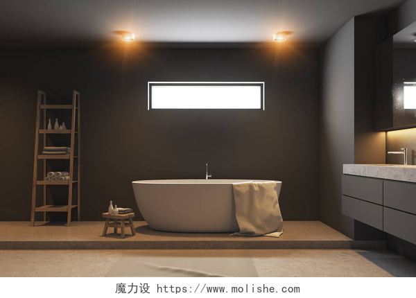 简约风格的装修的浴室深灰色浴室内饰, 侧面视图